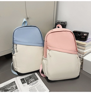 Detail of color-block nylon backpacks with front diagonal zippers for school and travel