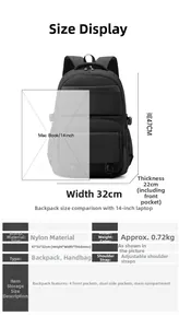 Detailed technical specs of black nylon business backpack with 47x32x22cm dimensions