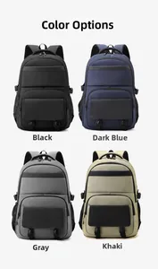 Collage of four business backpacks in black, blue, gray and khaki with cushioned straps