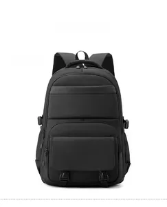 Detailed front view of black waterproof business laptop backpack with multiple zippers
