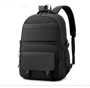 Side view of a black business backpack showing layered zipper pockets and mesh side pocket