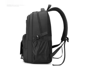 Side view of multi-layer black business backpack with adjustable side buckle and mesh pocket