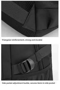 Detail of triangular reinforced shoulder straps and side adjustment buckle on black backpack