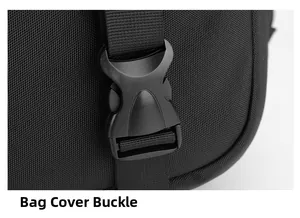 Macro shot of durable black plastic flap buckle and nylon webbing on business backpack