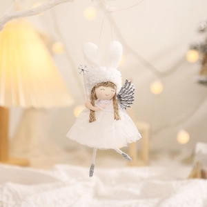 Christmas angel ornament with white rabbit ears, lace dress and silver glitter wings