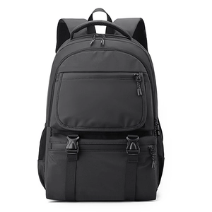 Waterproof black commuter backpack with large front compartments and buckle straps