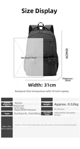 Detailed technical view of black nylon backpack dimensions 46x31x20cm and lightweight design