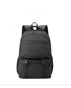 Front view of a black commuter laptop backpack with multi-layer pockets and buckles