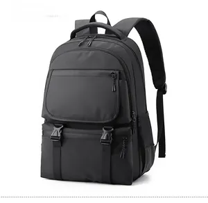Side view of black business backpack with side mesh pockets and buckle closures