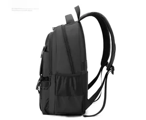 Side view of black business backpack showing multi-layer zippers and mesh side pocket