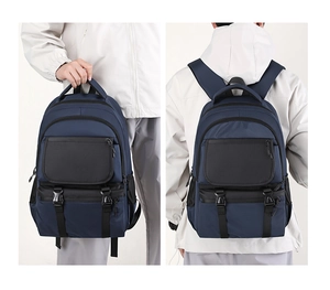 Dual view of large-capacity navy commuter backpack showing side carrying and back wearing