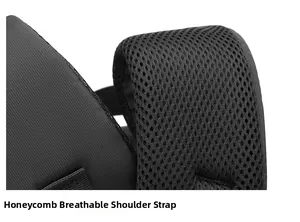 Detail of breathable honeycomb mesh shoulder strap on ergonomic black laptop backpack