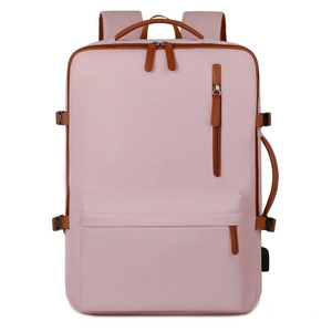 Pink waterproof nylon laptop backpack with USB port and brown leather accents for business