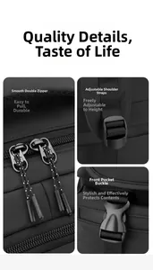 Detail view of smooth dual zippers, adjustable straps, and secure front buckles on black backpack
