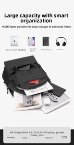 Detailed view of internal multi-pocket layout for 15.6 inch laptop and accessories