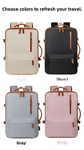 Matrix display of four minimalist business backpacks in cream, black, gray, and pink colors