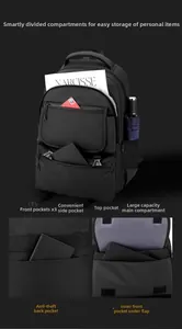 Detail view of business laptop backpack featuring multi-pocket storage and anti-theft back pocket