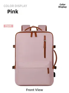 Pink waterproof Oxford backpack detail with brown faux leather zippers and side buckle strap