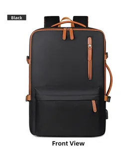 Front view of black waterproof business backpack with brown leather trim and hidden pockets