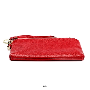 Vista laterale del portamonete in pelle rossa con design sottile e cerniera dorata