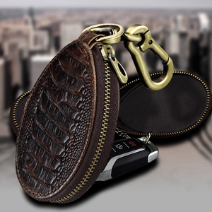 Car Key Case Genuine Leather Top Grain Cowhide Crocodile Embossed Vintage Zippered Pouch With Hook Universal