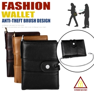 Three colors of RFID leather wallets for men with anti-theft chain and smooth stitching