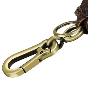 Retro genuine leather car key case with vintage bronze metal lobster clasp and ring