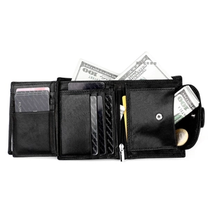 Detailed view of genuine leather wallet interior with card slots and a coin pocket