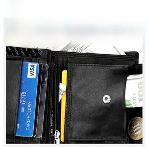 Detail view of leather wallet interior with card slots, coin pocket and zipper compartment