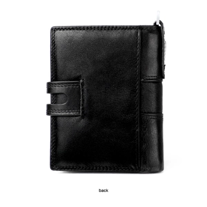 Detailed back view of a black genuine leather wallet with RFID protection and fine stitching
