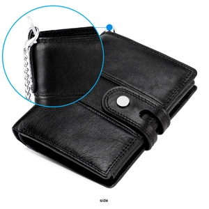 Detail view of the secure metal chain hook on this black leather RFID men's wallet