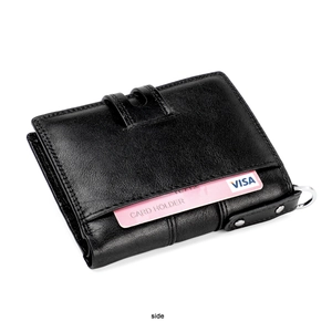 Close-up of black litchi grain leather wallet with side metal ring and card slot details