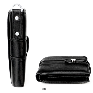 Detail of black leather wallet with RFID blocking and silver D-ring metal hardware