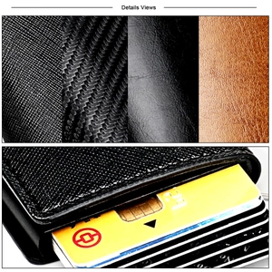 Detailansicht der RFID-Kartenbörsen-Texturen mit Carbon- und Leder-Oberflächen