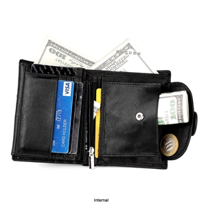 Detailed interior of a black leather wallet showing card slots, coin pocket and ID window