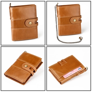 Detail of brown leather men's wallet featuring RFID chain and back card slot function
