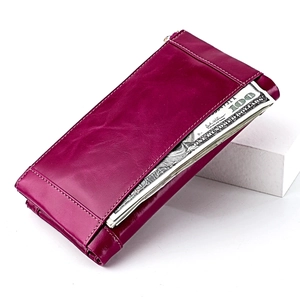Vintage magenta leather long clutch wallet for women with RFID protection and zipper
