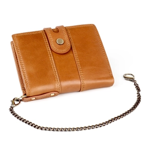 Brown leather wallet with retro texture, security chain, and dual-row stitching detail