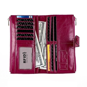 Burgundy RFID leather wallet for women with multi-card slots and coin pocket pouch
