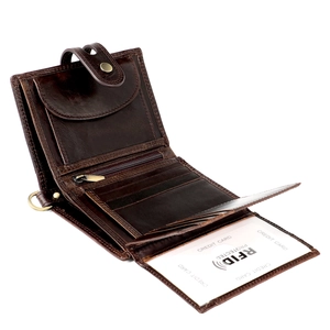 Men Genuine Leather RFID Blocking Wallet Vintage Top Layer Cowhide Trifold Purse With Anti-theft Chain Card Holder Pocket