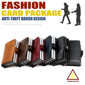 Row of RFID-blocking wallets in PU leather and carbon fiber textures on white backdrop