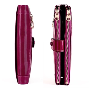 Dual-view of a vintage purple oil wax leather RFID long wallet with golden zippers