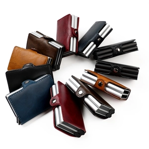 Circular layout of leather RFID wallets in various colors with aluminum dual card slots