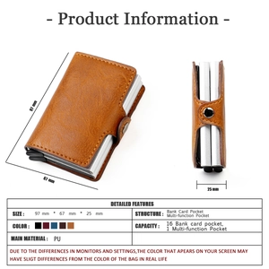 Brown PU leather RFID wallet dimensions 97x67x25mm with automatic pop-up card mechanism