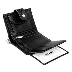 Detail of open tri-fold leather wallet with RFID protection slots and zipper coin pocket