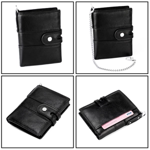 Detail view of black leather wallet with RFID chain, snap closure and card slots