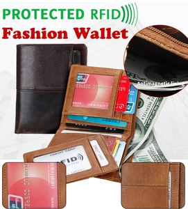 Detail view of retro leather wallet with RFID blocking lining and multiple card slots