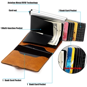 Detail of RFID blocking wallet with pop-up aviation aluminum card holder and leather cover
