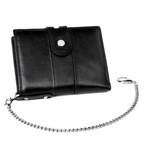 Detail of genuine black leather wallet with double stitching and anti-theft chain lobster clasp
