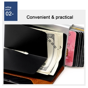 Slim RFID blocking metal wallet featuring brown leather base and quick-access card slot